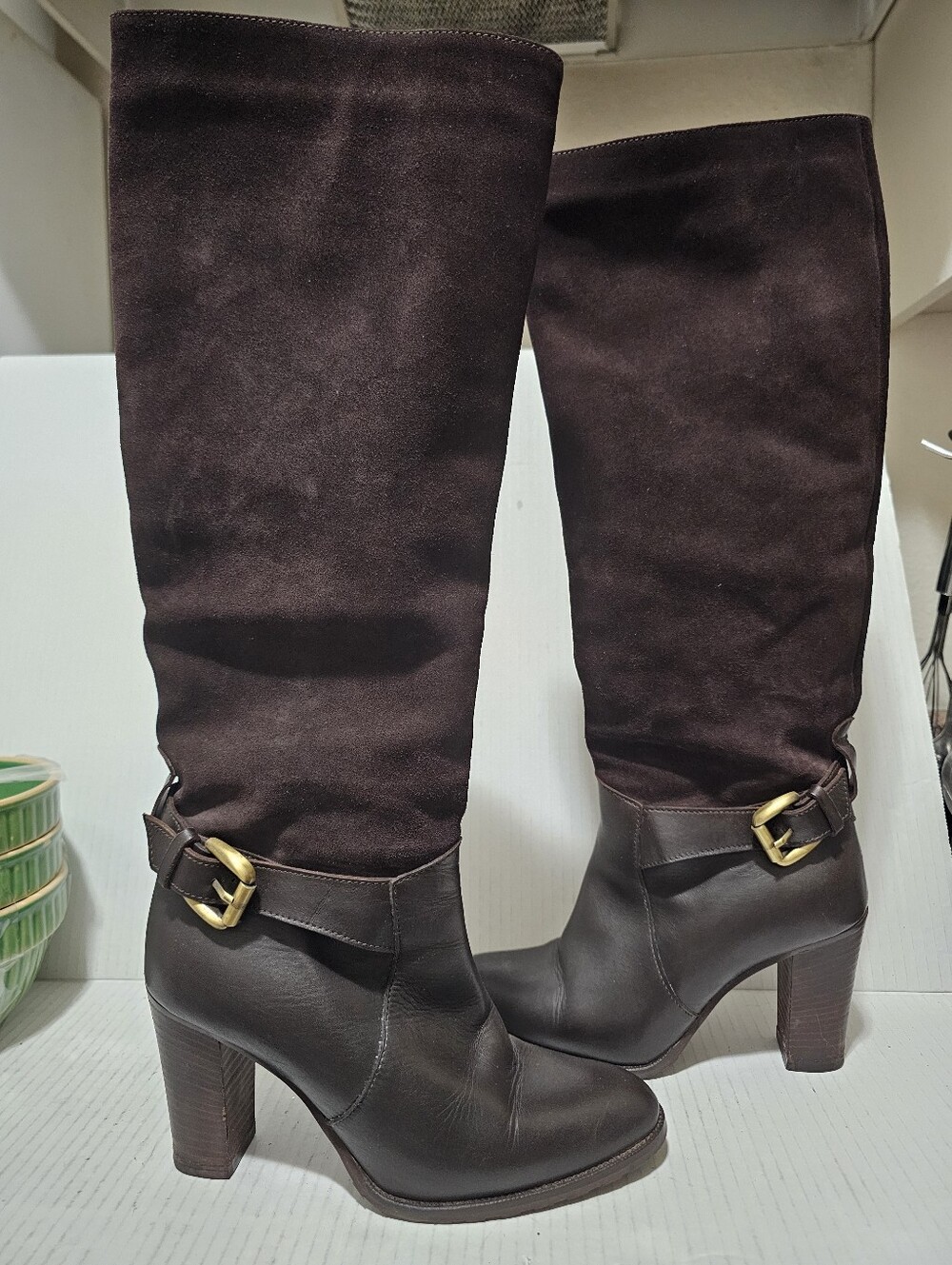 Atelier Mercadal Brown Leather Suede Riding Boots Sz 36 1/2  Buckle Knee High